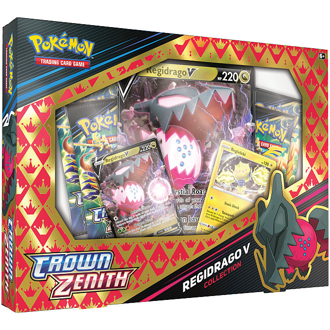 The Pokémon TCG: Regieleki/Regidrago V Collection by The Pokémon Company features two boxes with cards, a pin, and dynamic artwork of Regieleki V or Regidrago V—all showcased in clear display windows.