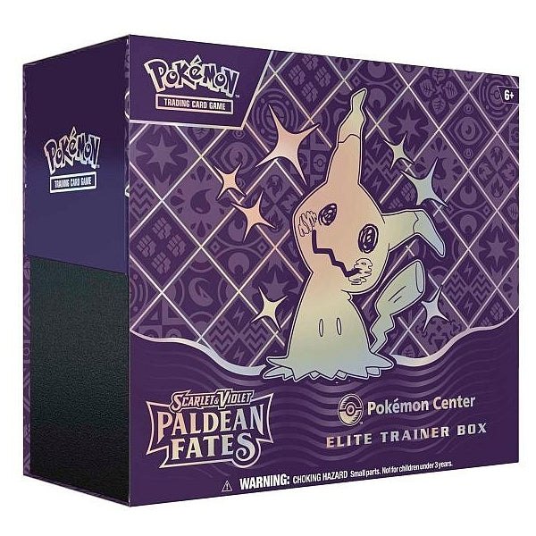 The Pokémon TCG: Paldean Fates Pokémon Center Elite Trainer Box by The Pokémon Company features a purple design with an outline illustration of Mimikyu on the front, plus various logos and warning labels.