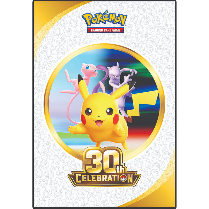 Celebrate the Pokémon TCG: 30th Celebration with this poster collection from The Pokémon Company, featuring a vibrant cover showcasing Pikachu, Mew, and Mewtwo. The design includes the Pokémon Trading Card Game logo at the top and a gold 30th Celebration badge at the bottom. Subtle Pokémon patterns in the background add an extra special touch to commemorate this milestone event.