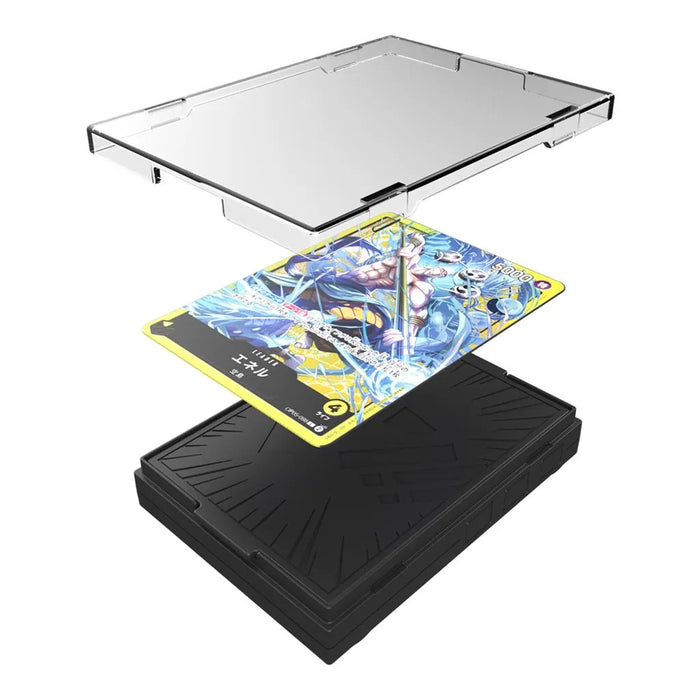 A One Piece Card Game: Sound Loader Volume 2 - Enel inside an open plastic display case.