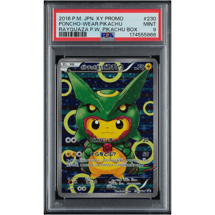 Here’s a revised version of your sentence using the provided product data: A Mint 9 PSA-graded “Pokémon TCG: Poncho-Wear Pikachu Rayquaza #230” card from The Pokémon Company’s P.W Pikachu Box.