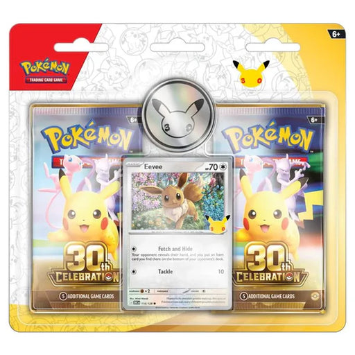 The Pokémon TCG: 30th Celebration 2-Pack Blister by The Pokémon Company includes two booster packs, an exclusive Eevee promo card, a silver Pikachu coin, and features Pikachu artwork with official Pokémon branding.