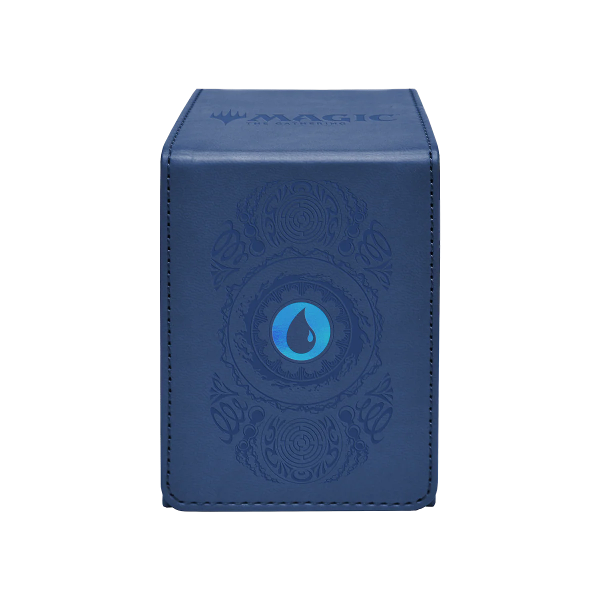 The Ultra Pro: Magic: The Gathering - Alcove Flip deck box by Wizards of the Coast is a blue leather case with an embossed design and a bold blue water droplet symbol on the front.
