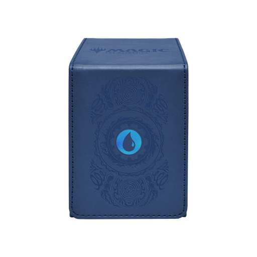 The Ultra Pro: Magic: The Gathering - Alcove Flip deck box by Wizards of the Coast is a blue leather case with an embossed design and a bold blue water droplet symbol on the front.
