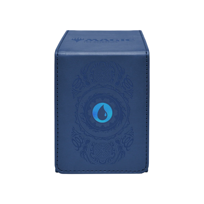 The Ultra Pro: Magic: The Gathering - Alcove Flip deck box by Wizards of the Coast is a blue leather case with an embossed design and a bold blue water droplet symbol on the front.