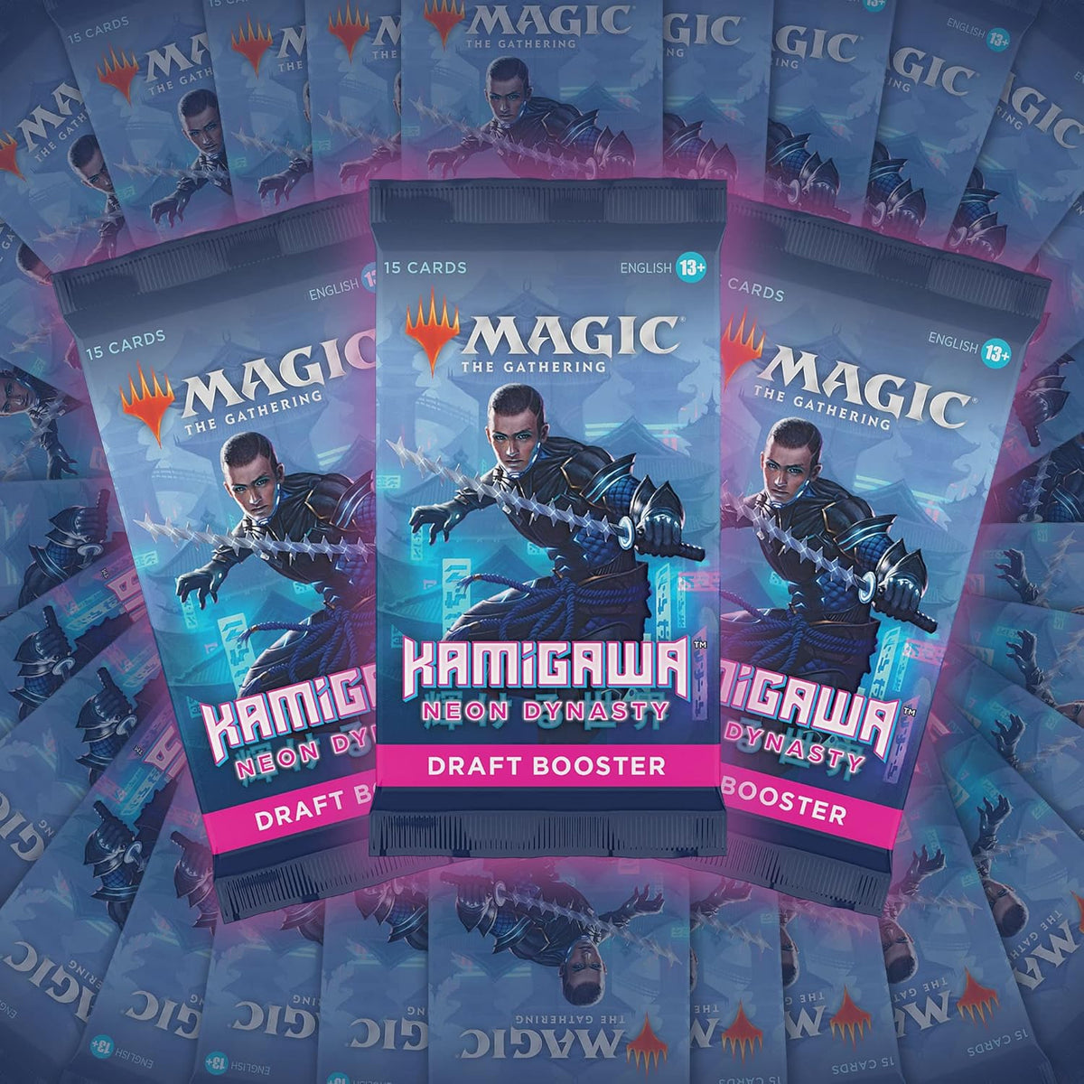 The Magic the Gathering: Kamigawa Neon Dynasty Draft Booster Display by Wizards of the Coast features futuristic, neon-inspired artwork depicting a warrior with a sword against a vibrant city backdrop.
