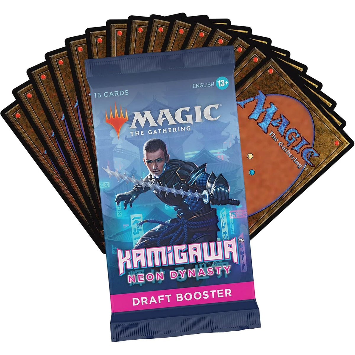 The Magic the Gathering: Kamigawa Neon Dynasty Draft Booster Pack by Wizards of the Coast features 15 cards and a striking neon design with a blue-armored futuristic warrior.