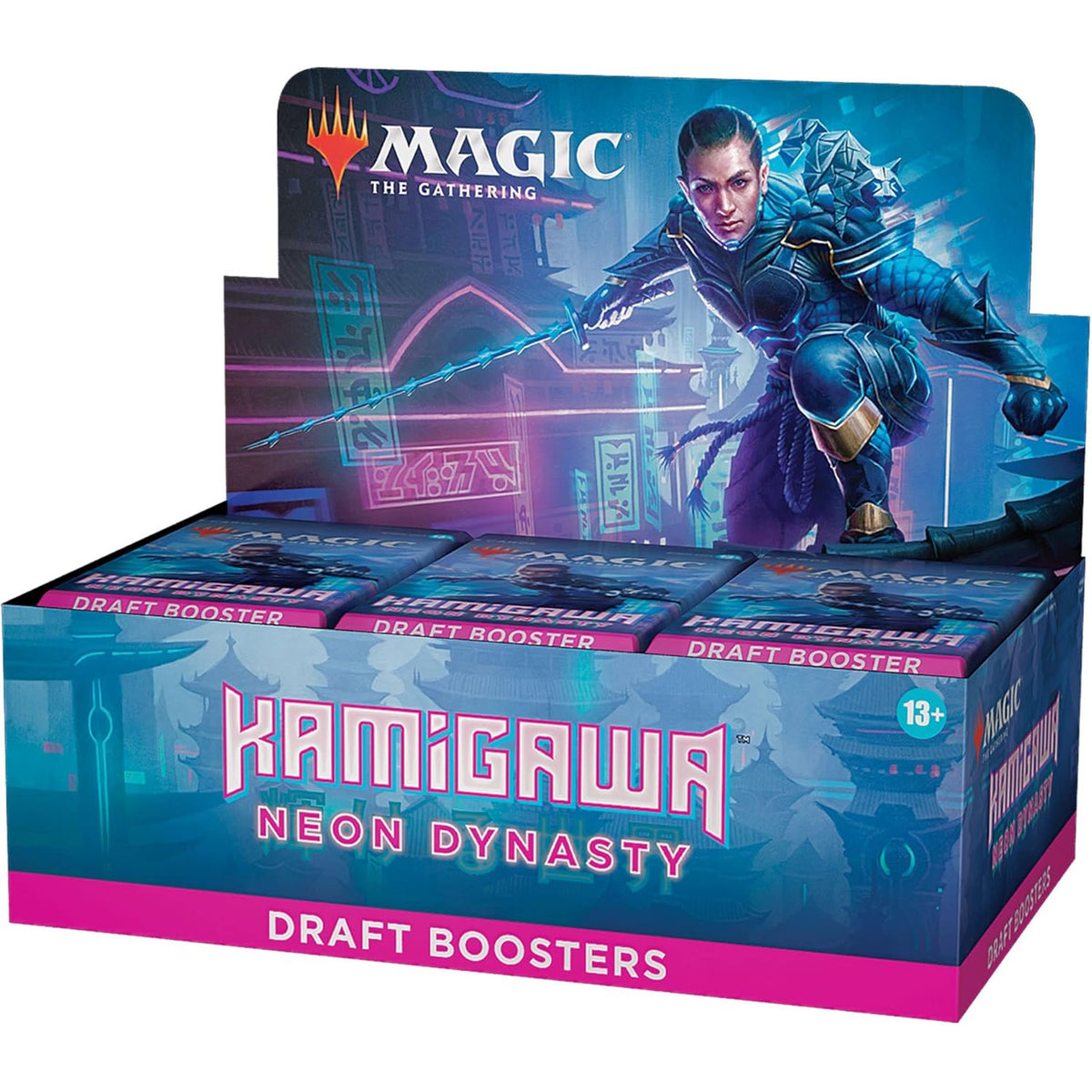 The Magic the Gathering: Kamigawa Neon Dynasty Draft Booster Display by Wizards of the Coast features futuristic, neon-inspired artwork depicting a warrior with a sword against a vibrant city backdrop.