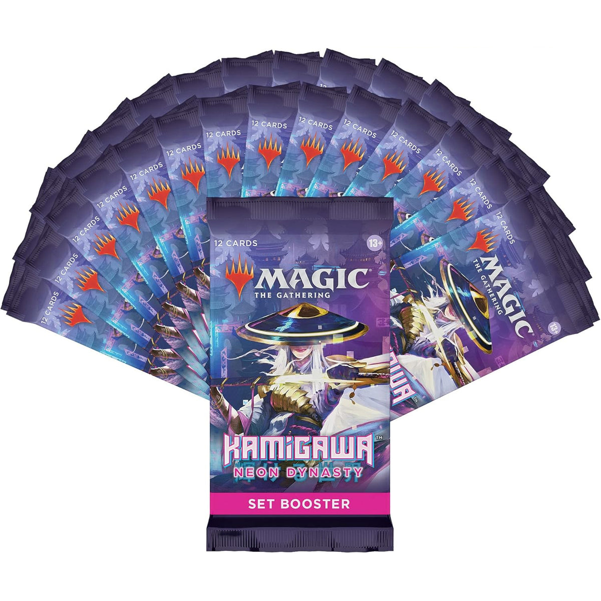 A Magic: The Gathering - Kamigawa Neon Dynasty Set Booster Display box filled with trading card packs, featuring an illustration of a samurai character on the back panel.