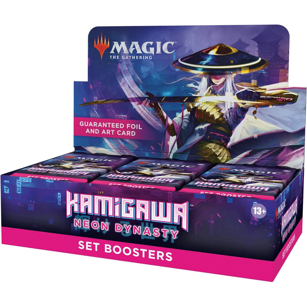 A Magic: The Gathering - Kamigawa Neon Dynasty Set Booster Display box filled with trading card packs, featuring an illustration of a samurai character on the back panel.