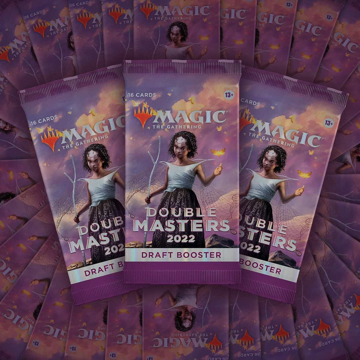 The Magic the Gathering: Double Masters 2022 Draft Booster Display by Wizards of the Coast features fantasy-themed art with two magical characters and is labeled for ages 13 and up.