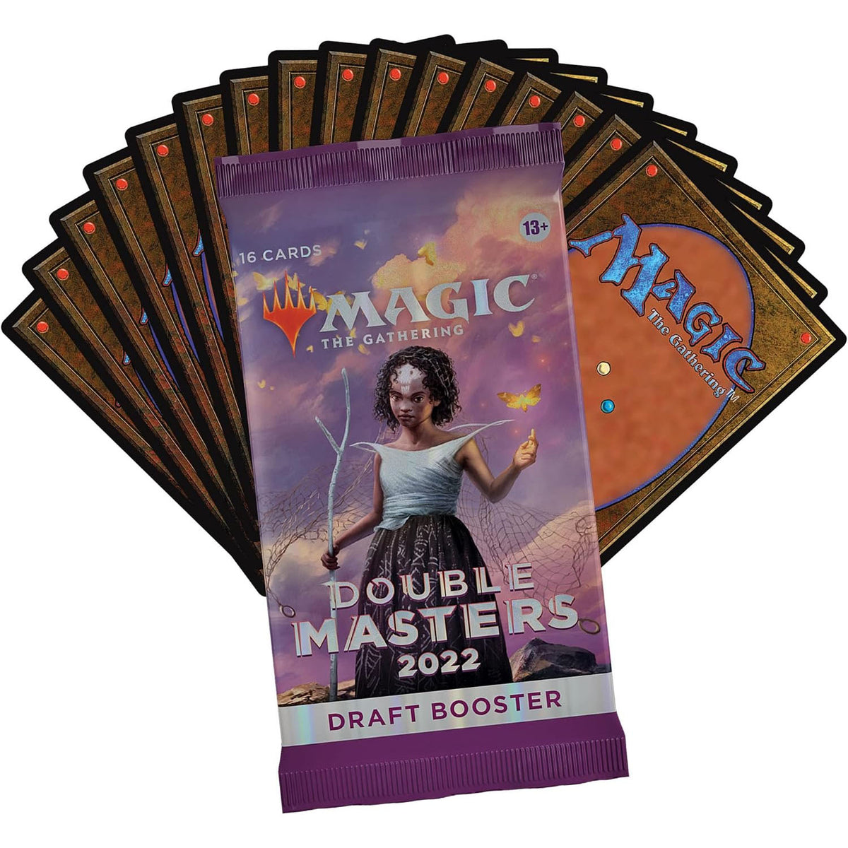 A Magic the Gathering: Double Masters 2022 Draft Booster Display by Wizards of the Coast is shown with fanned Magic card backs, featuring fantasy artwork and text noting 16 cards—ideal for fans expanding their Draft Booster Box collection.