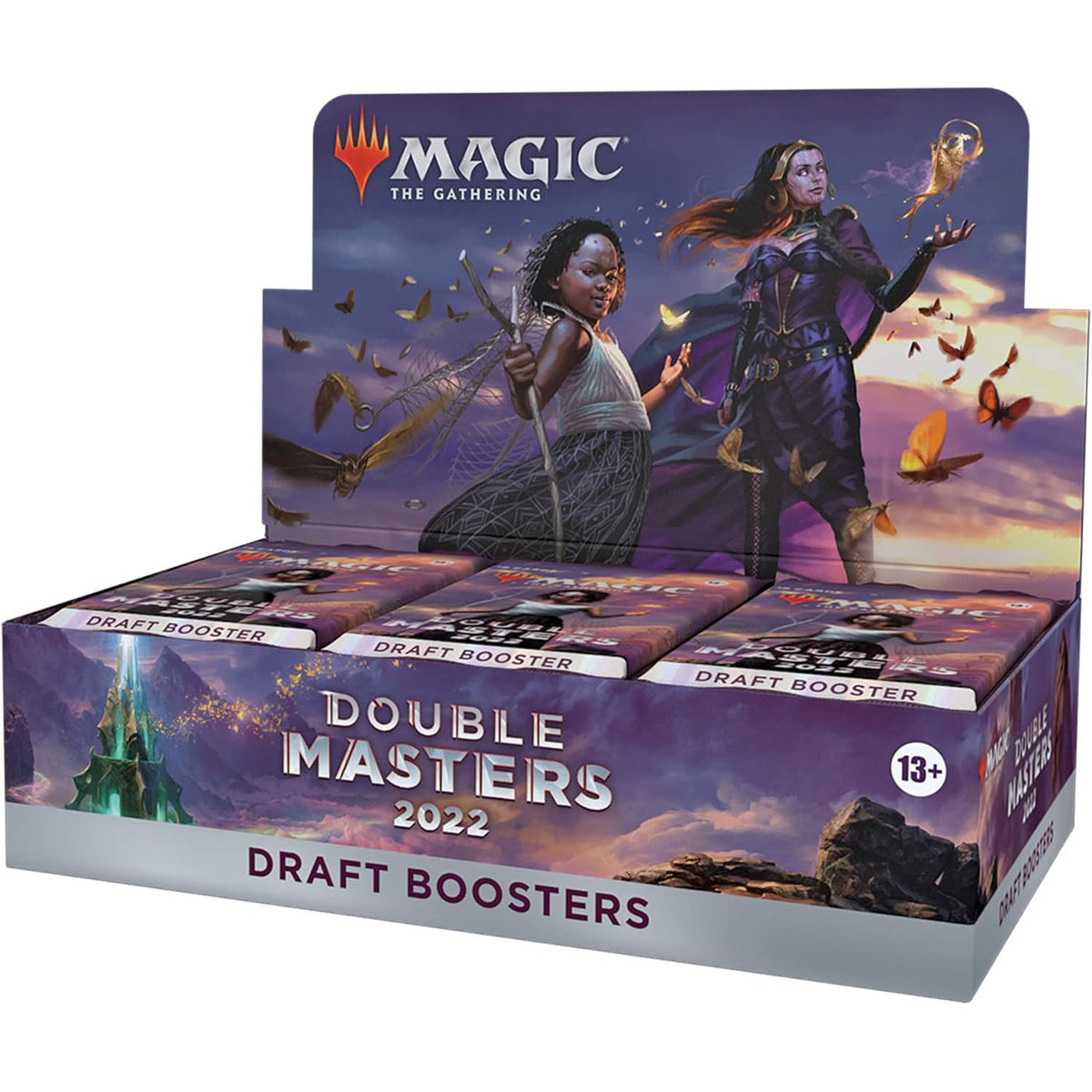 The Magic the Gathering: Double Masters 2022 Draft Booster Display by Wizards of the Coast features fantasy-themed art with two magical characters and is labeled for ages 13 and up.