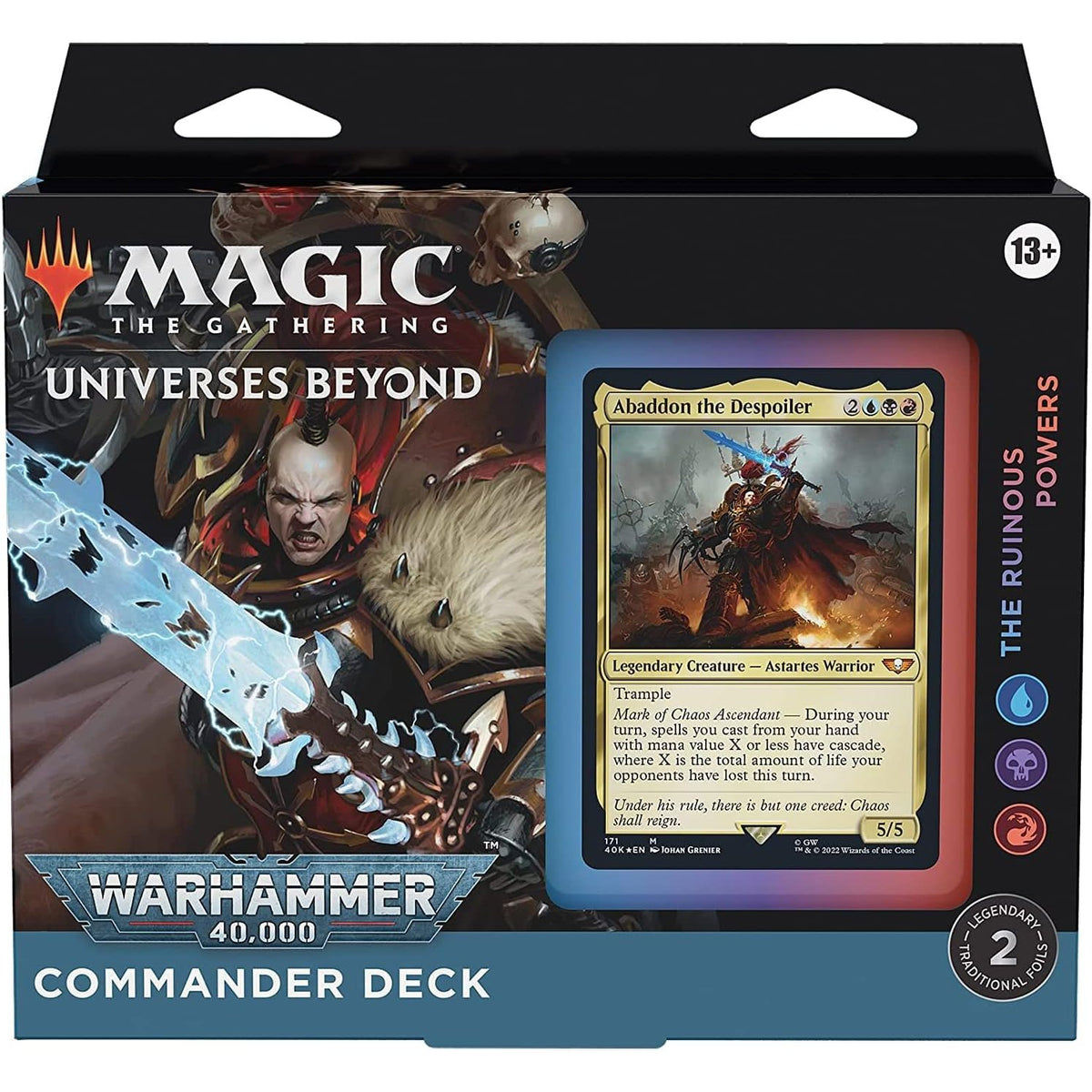 Four Wizards of the Coast Magic the Gathering: Universes Beyond: Warhammer 40,000 - Commander Deck Bundle boxes with unique art and colors are arranged in a 2x2 grid on a white background.