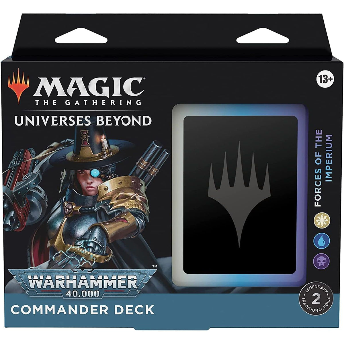 The Magic the Gathering: Universes Beyond: Warhammer 40,000 - Commander Deck Bundle by Wizards of the Coast features a deck box with an armored character, Magic logo, "Forces of the Imperium," and "Ages 13+" on the packaging.