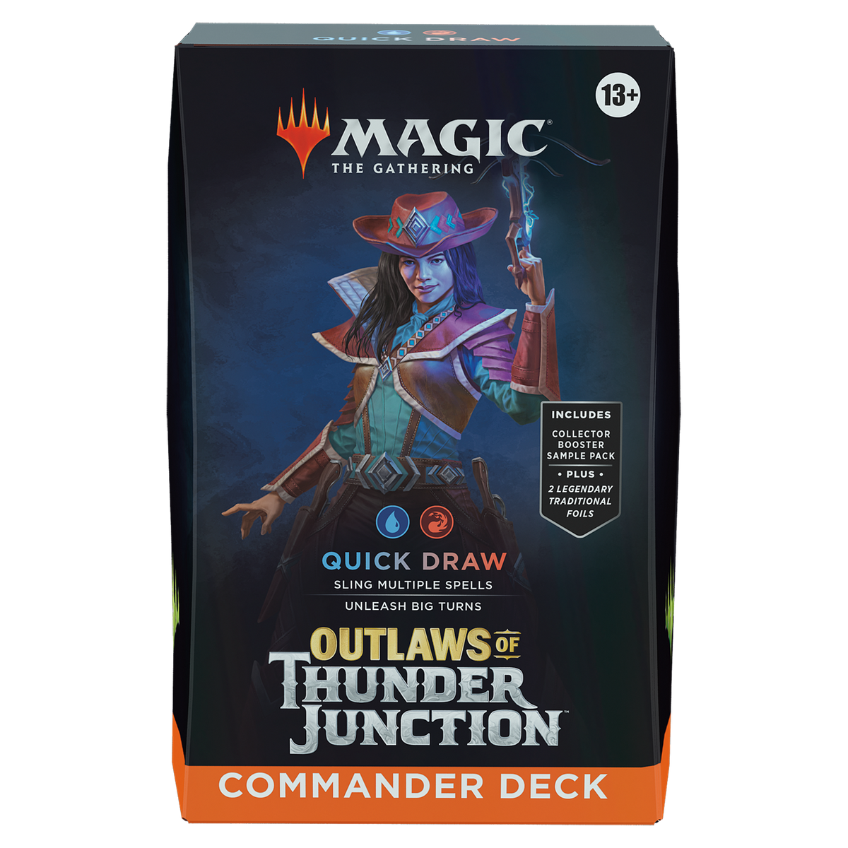 The Magic the Gathering: Outlaws of Thunder Junction - Commander Deck Bundle by Wizards of the Coast includes four decks—Quick Draw, Desert Bloom, Grand Larceny, and Most Wanted—each featuring unique fantasy artwork.