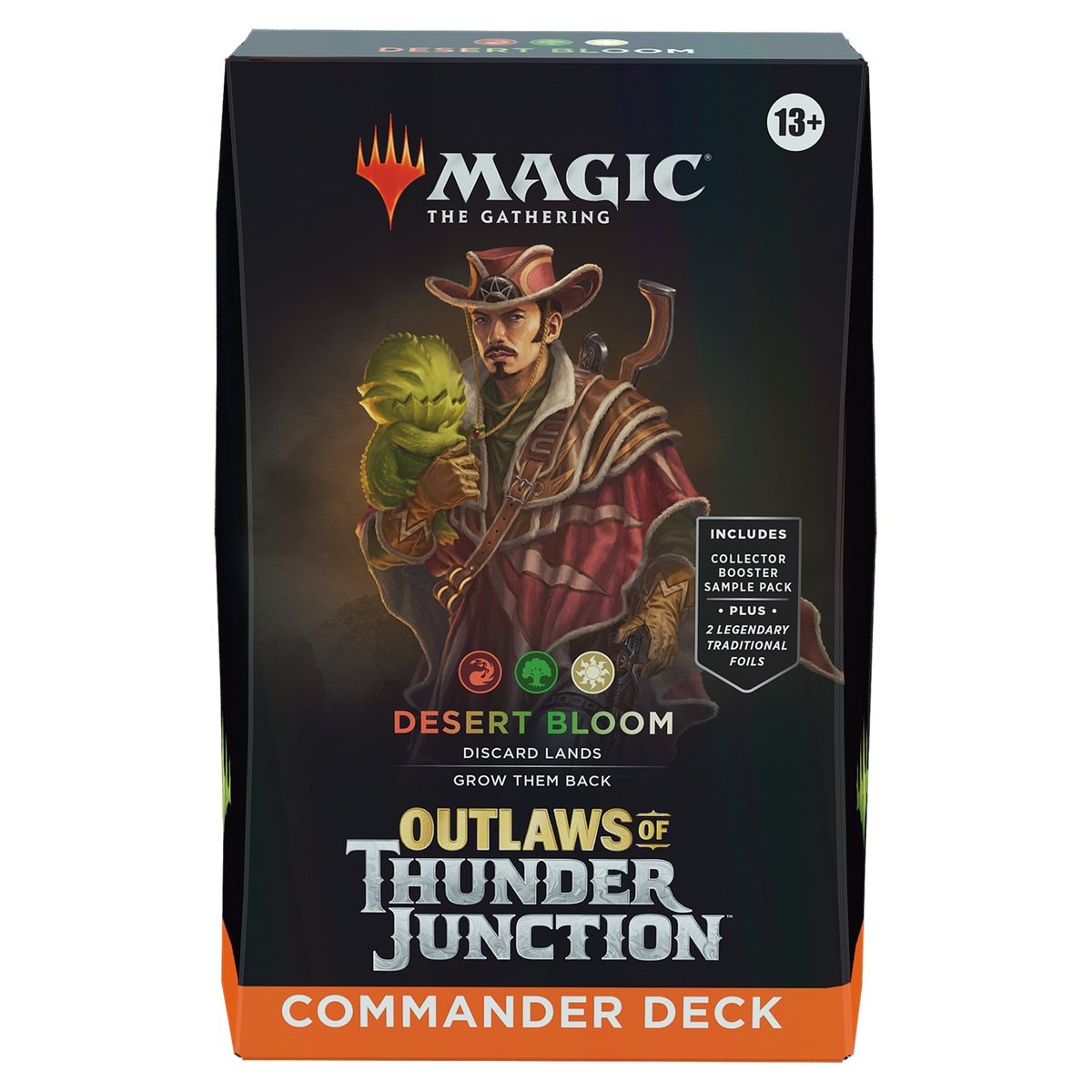 Wizards of the Coast’s Magic the Gathering: Outlaws of Thunder Junction - Commander Deck Bundle features Desert Bloom, its cover depicting a cowboy and cactus creature, with game details and a 13+ age rating.