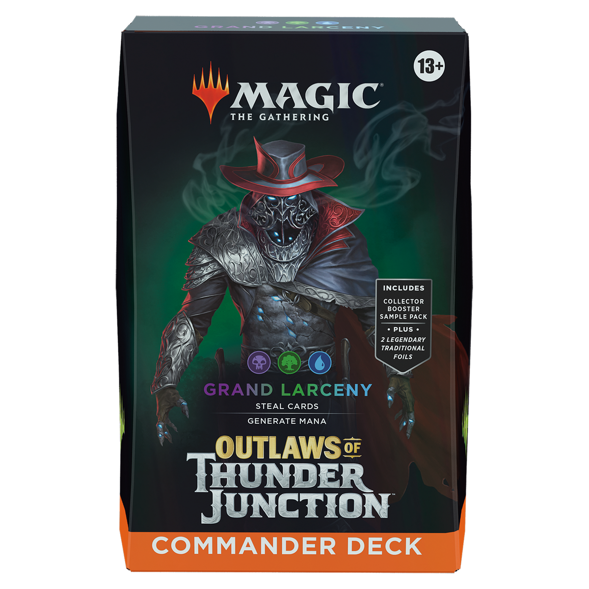 The Magic the Gathering: Outlaws of Thunder Junction - Commander Deck Bundle by Wizards of the Coast features exciting Commander decks, including a box with a masked, armored figure in a red hat and cape with glowing green eyes and mist.
