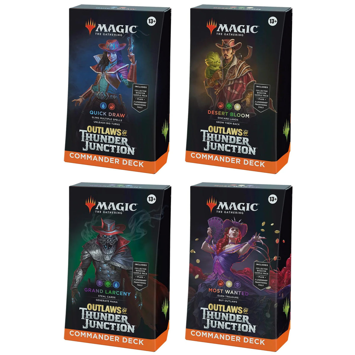 The Magic the Gathering: Outlaws of Thunder Junction - Commander Deck Bundle by Wizards of the Coast includes four decks—Quick Draw, Desert Bloom, Grand Larceny, and Most Wanted—each featuring unique fantasy artwork.