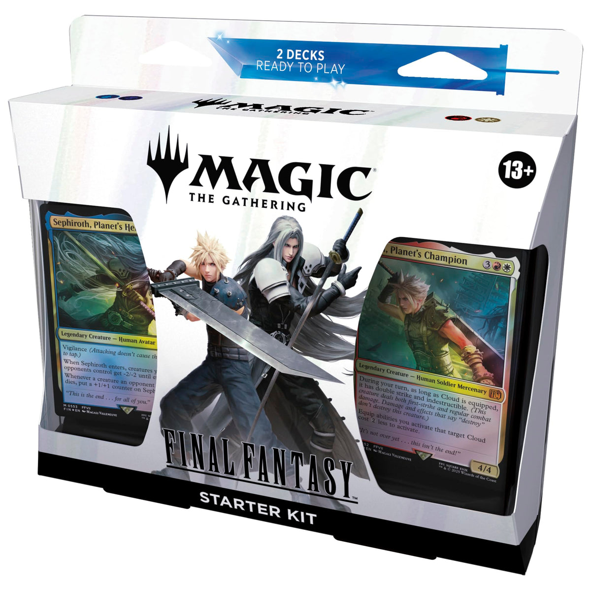 The Wizards of the Coast Magic the Gathering: Final Fantasy Starter Kit box shows Cloud and Sephiroth art, displays two Magic cards, and features a label reading “2 Decks Ready to Play.”.