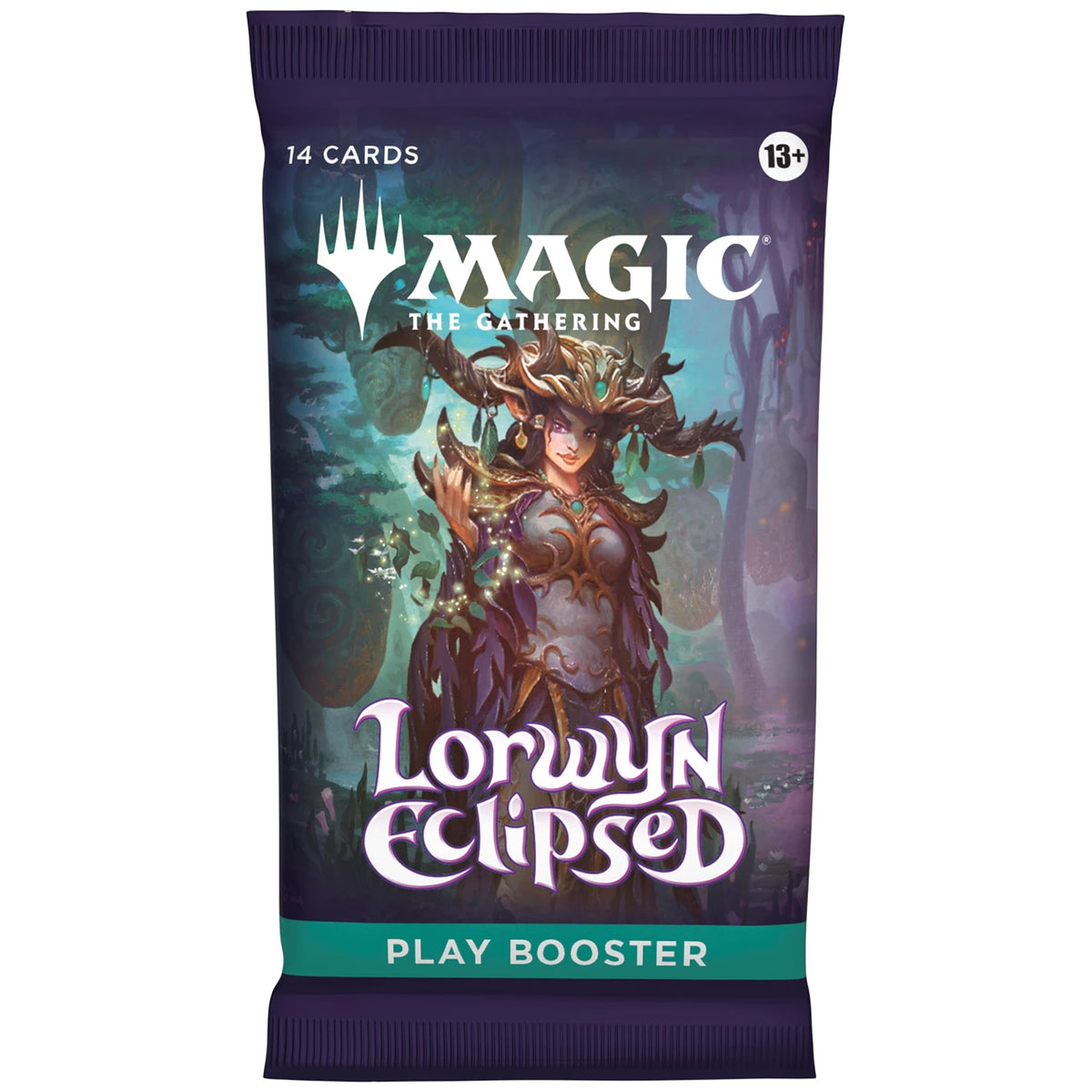 The Magic: Lorwyn Eclipsed Play Booster Pack by Wizards of the Coast features fantasy artwork of an armored woman with antlers in a mystical forest, includes 14 Magic cards, and is labeled for ages 13+.