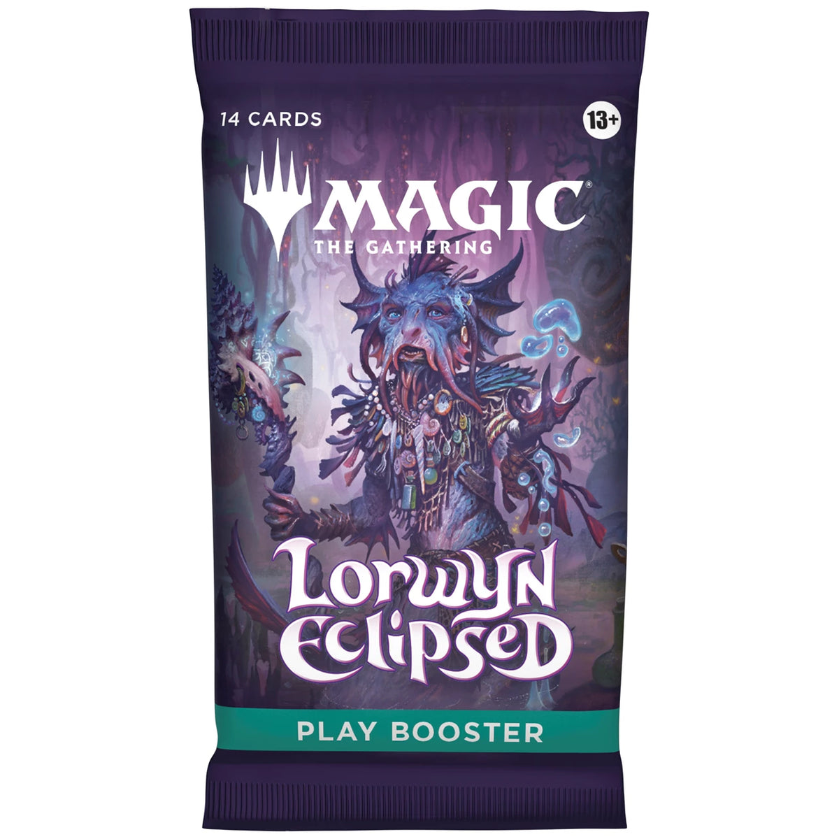 The Magic: Lorwyn Eclipsed Play Booster Pack by Wizards of the Coast contains 14 cards and is labeled for ages 13+. Features fantasy artwork of a mystical, multi-eyed creature casting spells.