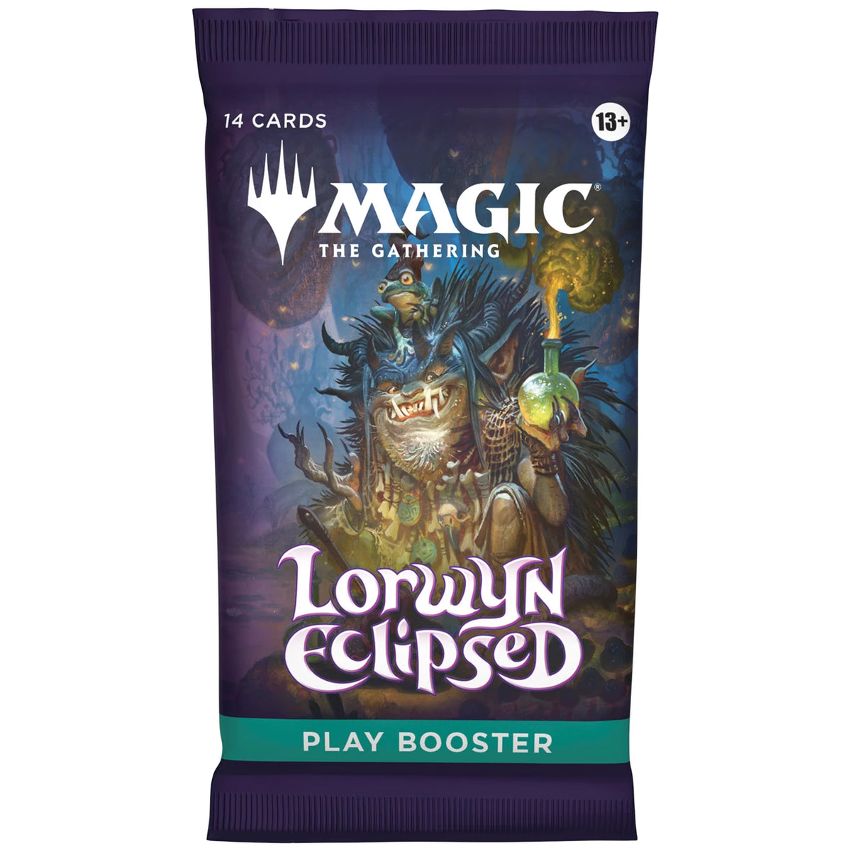 The Magic: Lorwyn Eclipsed Play Booster Pack by Wizards of the Coast features fantasy artwork and contains 14 Magic cards. Each pack is labeled for ages 13+.