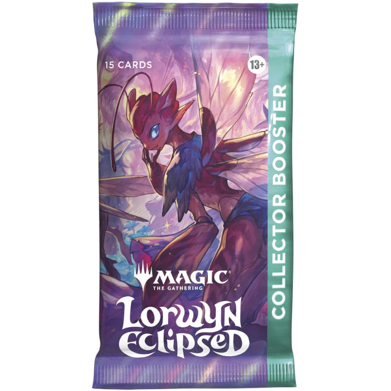 The Magic: Lorwyn Eclipsed Collector Booster Display by Wizards of the Coast includes packs with colorful fairy art and exclusive cards, each offering possible foils. For ages 13+, packs are upright in a teal and purple display box.