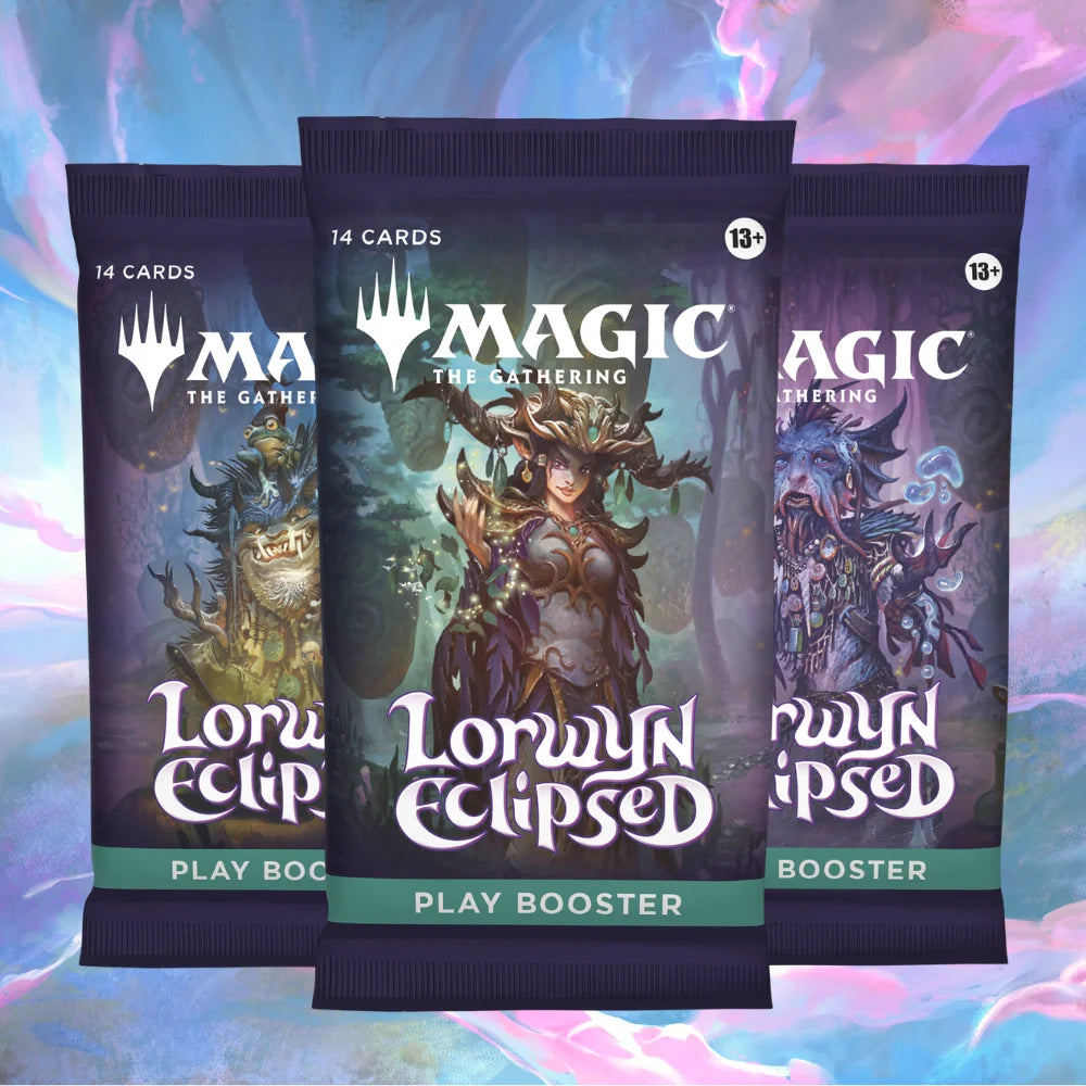 The Magic: Lorwyn Eclipsed Play Booster Pack by Wizards of the Coast features fantasy artwork of an armored woman with antlers in a mystical forest, includes 14 Magic cards, and is labeled for ages 13+.