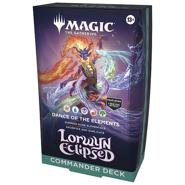 The Wizards of the Coast Magic the Gathering: Lorwyn Eclipsed - Commander Deck Bundle includes Blight Curse, showing a dark undead creature, and Dance of the Elements, featuring a vibrant elemental.