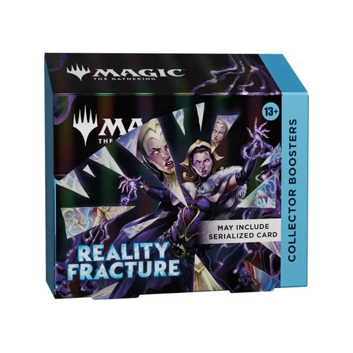 A Wizards of the Coast Magic: The Gathering – Reality Fracture Collector Booster Display, featuring fantasy characters with glowing eyes and magical effects on the packaging. The box is labeled for ages 13+ and may include a serialized card.