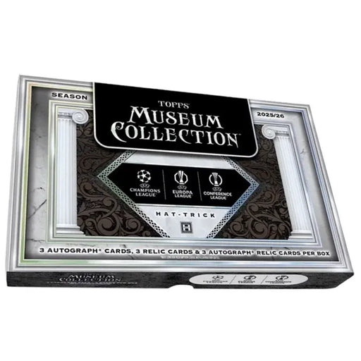A Topps UEFA Club Competitions 2025/26 Museum Collection Hat-Trick Hobby Box featuring UEFA Champions League, Europa League, and Conference League logos, promising autograph and relic cards inside.