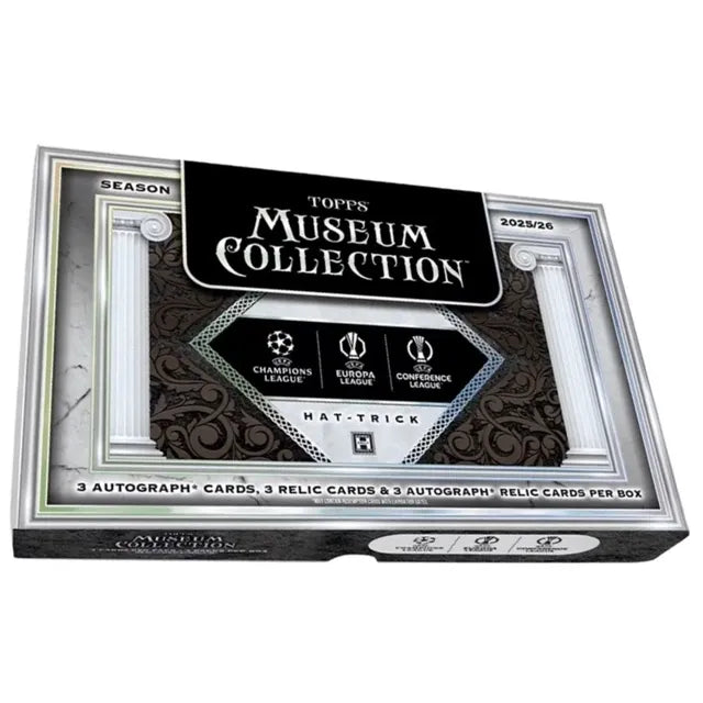 A Topps UEFA Club Competitions 2025/26 Museum Collection Hat-Trick Hobby Box featuring UEFA Champions League, Europa League, and Conference League logos, promising autograph and relic cards inside.