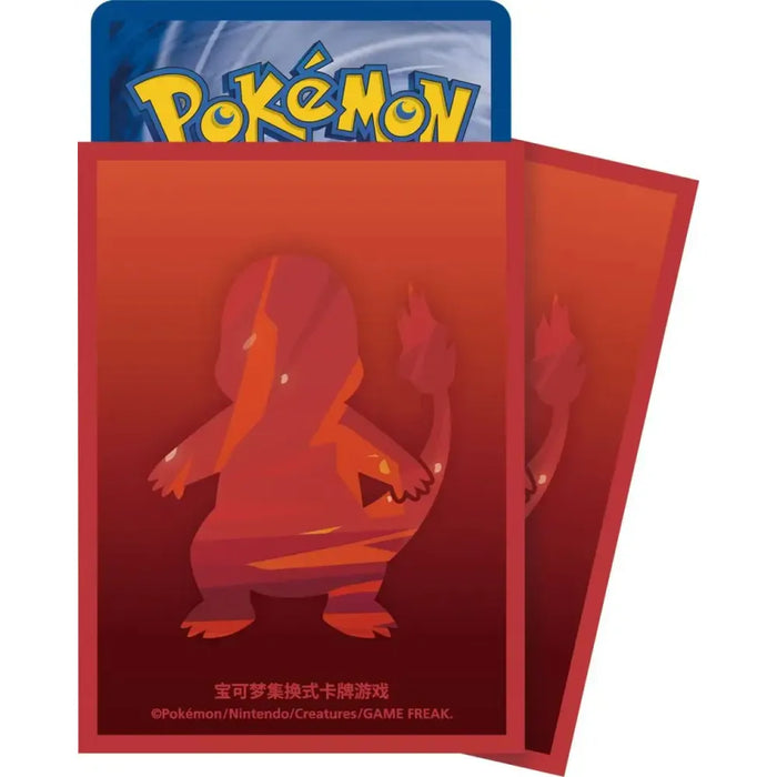 Three Pokémon cards from The Pokémon Company’s “Pokemon Collect 151 First Partner Gift Box Charmander (Kinesisk)”—one with the iconic Pokémon logo partially visible, and two in red sleeves featuring a silhouette of Charmander—an ideal samlerobjekt for Charmander fans, complete with official copyright text at the bottom.