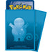 Two blue card sleeves featuring a silhouette of the Pokémon Squirtle, with a swirling tail design and a partial view of a Pokémon trading card behind them—perfect for fans who want to protect their cards from the Pokemon Collect 151 First Partner Gift Box Squirtle (Kinesisk) by The Pokémon Company or any treasured items in their Pokémon TCG samlerboks collection.