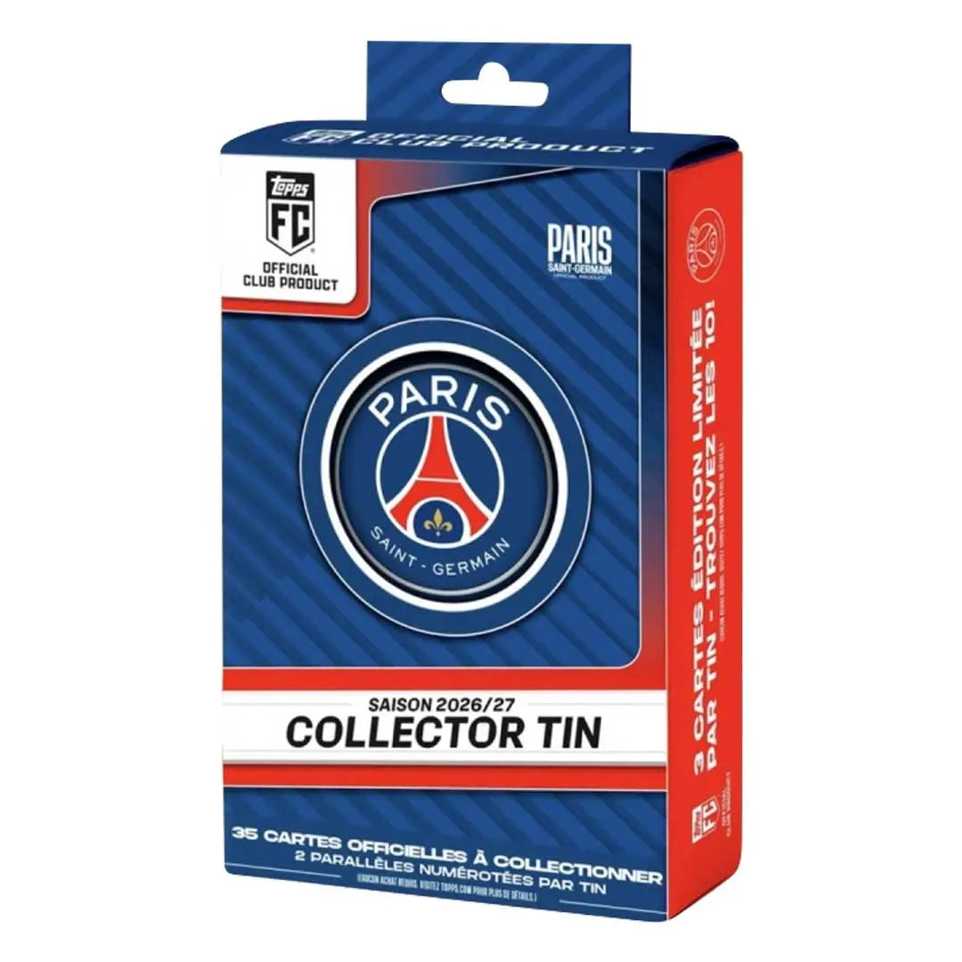 Rectangular Topps Collector Tin 2026/27 Paris Saint-Germain featuring the team logo, French text, and 35 included trading cards.