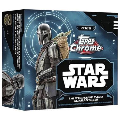 Factory-sealed Topps Chrome Star Wars 2026 Hobby Box featuring The Mandalorian and Grogu.