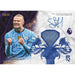 A Topps Royalty 2026 Premier League trading card showcasing a player in a blue Manchester City jersey, fist clenched in celebration. The card features an authentic blue fabric patch, autograph, Premier League logo, and ornate blue designs.