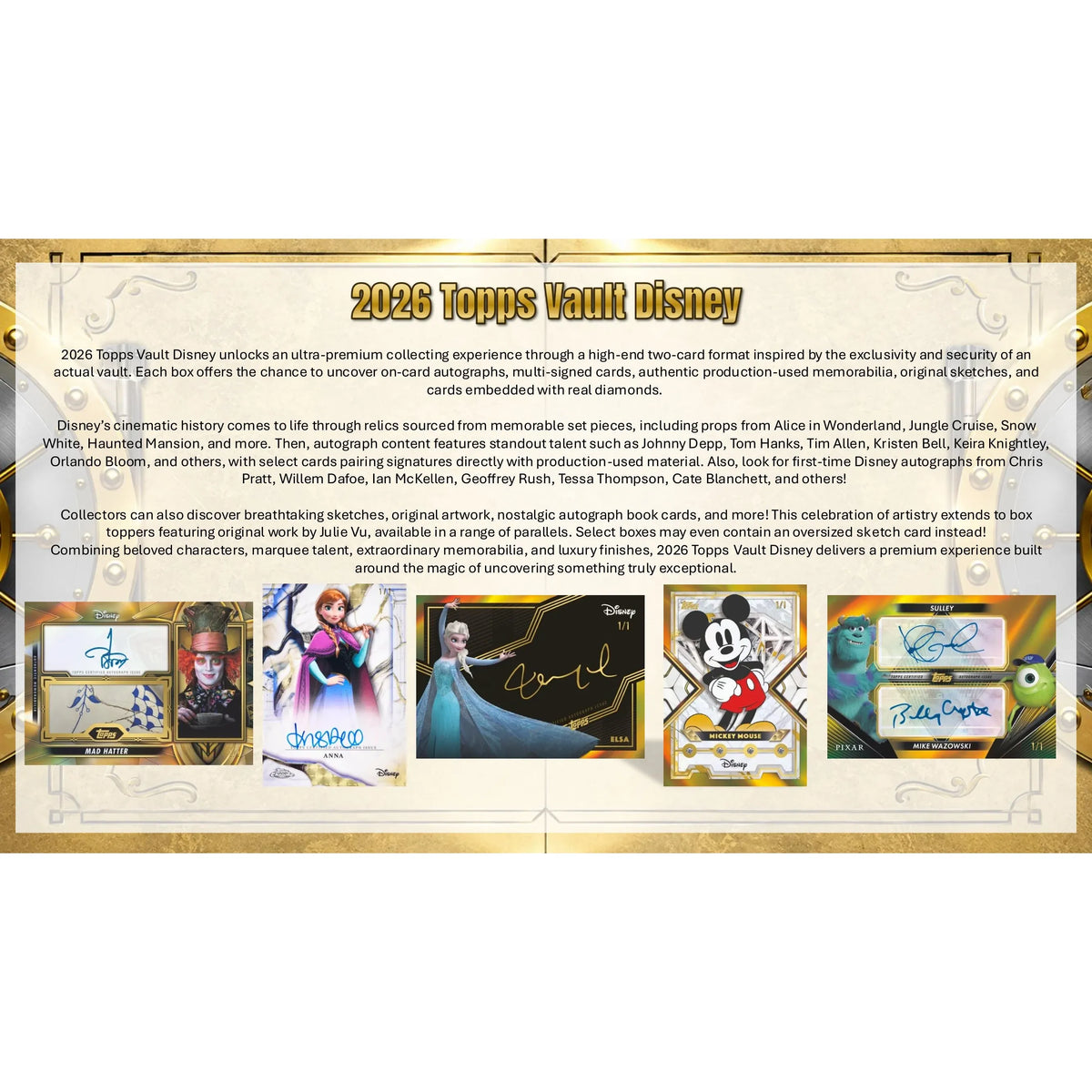 A Topps Vault Disney 2026 Hobby Box, featuring a rectangular shape with a vault door graphic on the front, the year 2026, and Disney branding printed on the surface.
