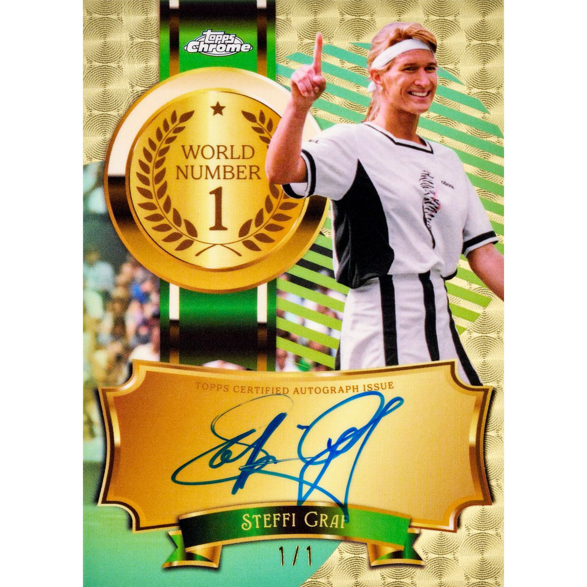 A Steffi Graf 1/1 autographed World Number 1 card from a 2026 Topps Chrome Tennis Hobby Box.
