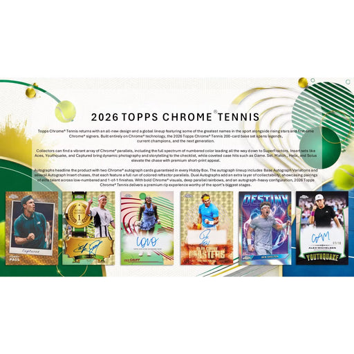 Promotional graphic for Topps Chrome Tennis 2026 Hobby Box, featuring a product description and a collage of six different tennis trading cards.
