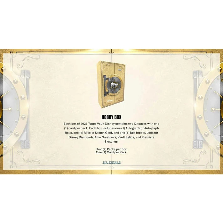 A Topps Vault Disney 2026 Hobby Box designed like a vault door, containing two packs with one premium non-sports card each, including the chance for an autograph or relic card.