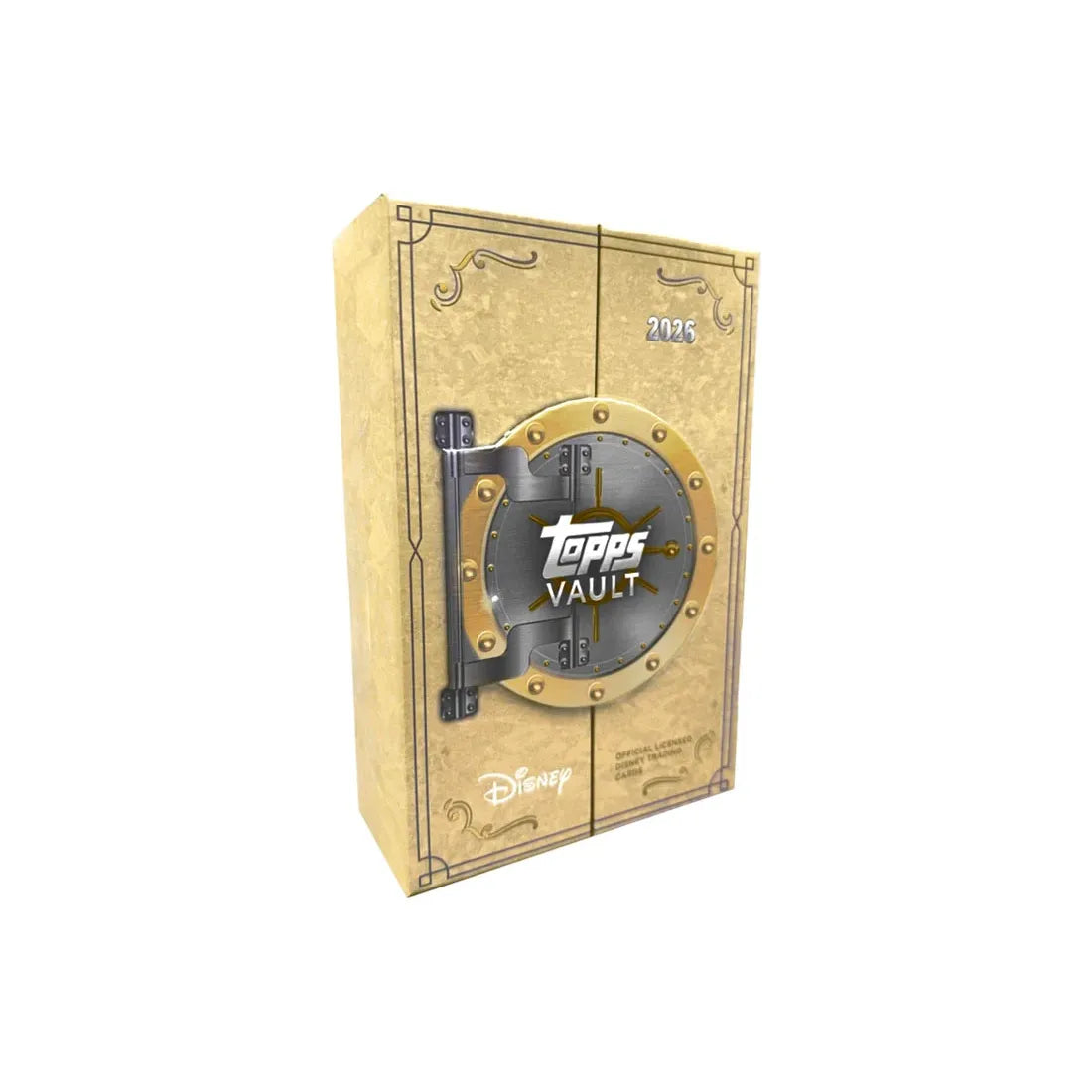 A Topps Vault Disney 2026 Hobby Box, featuring a rectangular shape with a vault door graphic on the front, the year 2026, and Disney branding printed on the surface.