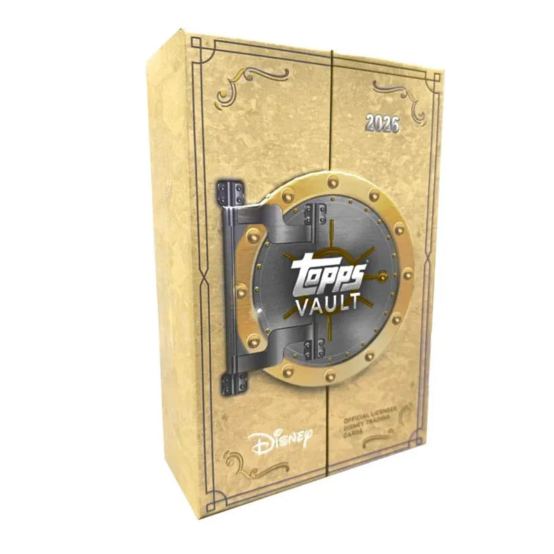 A Topps Vault Disney 2026 Hobby Box, featuring a rectangular shape with a vault door graphic on the front, the year 2026, and Disney branding printed on the surface.