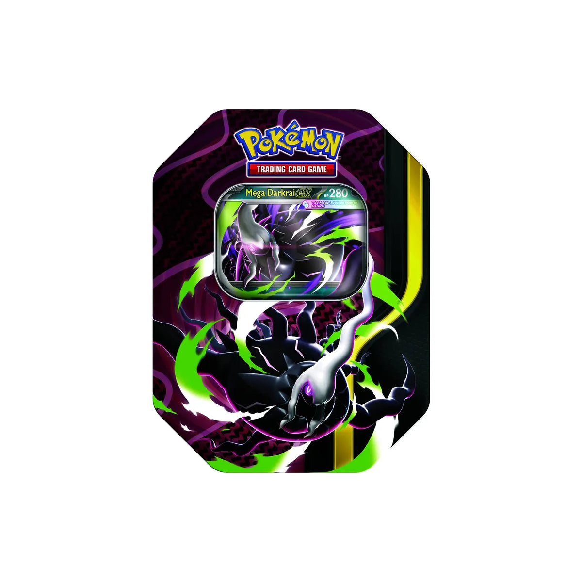 Three octagonal Pokémon TCG: Mega Forces Tins featuring artwork of Darkrai, Dragonite, and Lucario, each displaying a foil card through a window.