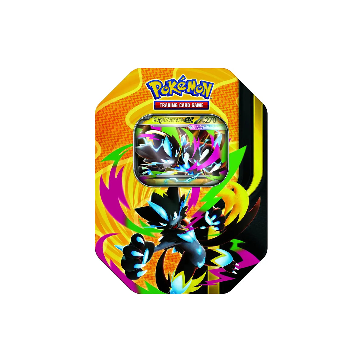 A yellow, orange, and black Pokémon TCG: Mega Forces Tins metal collectors tin featuring a Mega Zeraora GX trading card displayed in a central window.