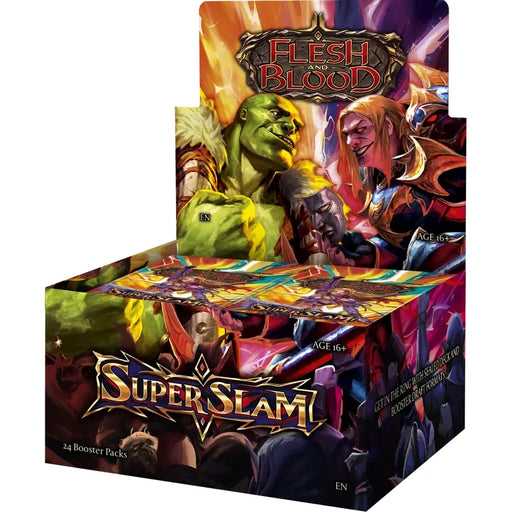 The Flesh and Blood TCG: Super Slam Booster Display by Legend Story Studios Limited features a vivid, colorful display box adorned with fantasy artwork, including characters like a green orc and armored figures.