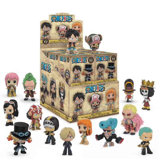 Display of Funko POP! One Piece Mystery Minis collectible figurines by Funko, arranged in front of an open box on a white background. The figures depict various One Piece characters in colorful outfits with expressive faces, posed around the packaging.