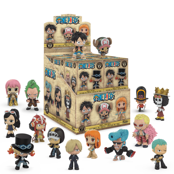 Display of Funko POP! One Piece Mystery Minis collectible figurines by Funko, arranged in front of an open box on a white background. The figures depict various One Piece characters in colorful outfits with expressive faces, posed around the packaging.