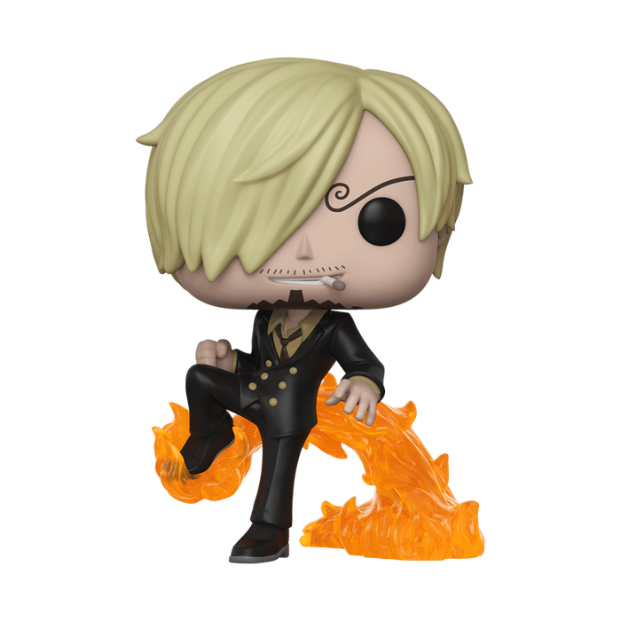 The Funko POP! One Piece: Vinsmoke Sanji (#398) vinyl figure by Funko features Sanji with blond hair, a curly eyebrow, and a suit, raising one leg surrounded by orange flames. The figure also has a small beard and a toothpick in its mouth.